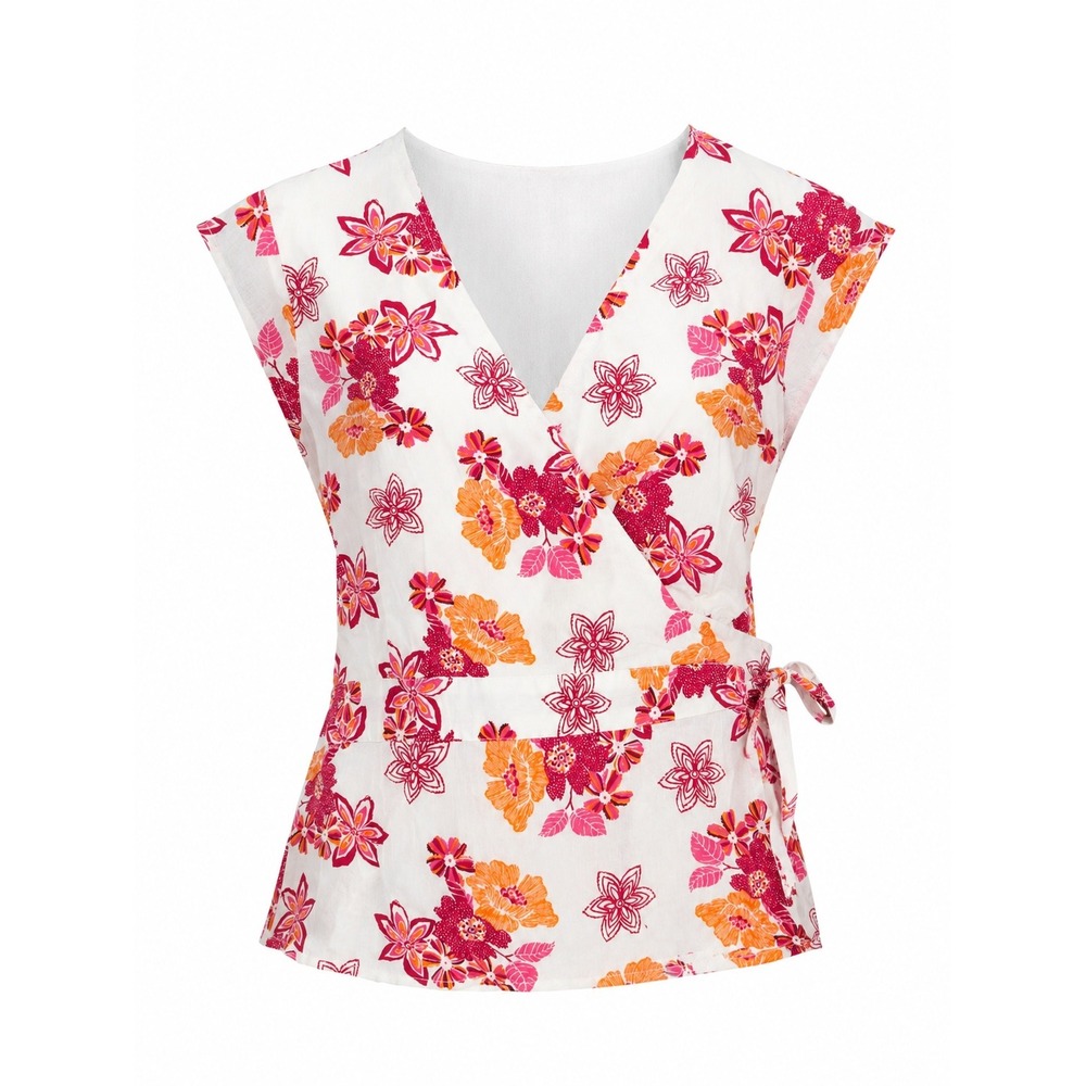 St Johns Bay Floral Wrap Top Womens Large Orange Pink Cotton Sleeveless Blouse